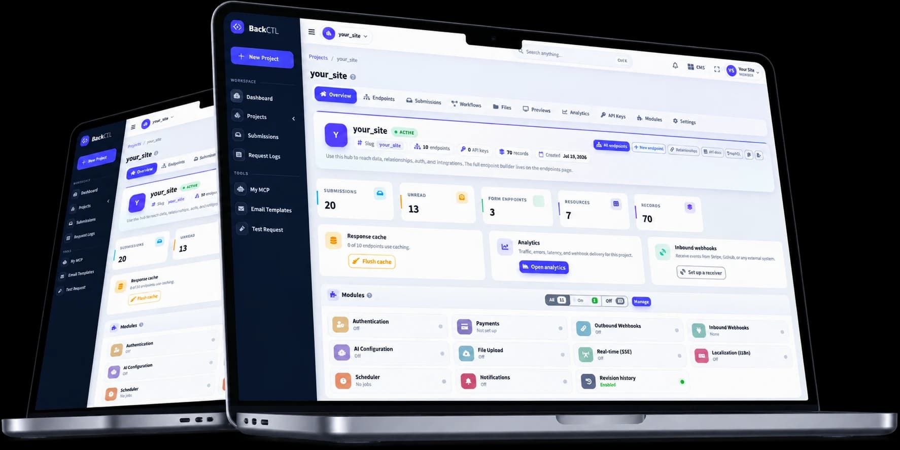 BackendCTL dual-laptop control panel mockup displaying CMS records, forms, APIs, and AI module integrations